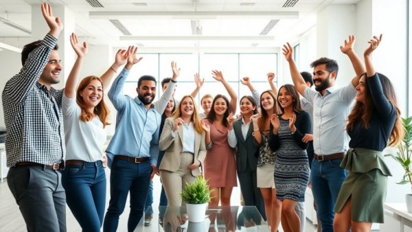 Cheerful diverse professionals in a modern office celebrating success, embodying a happier workplace in 2026.