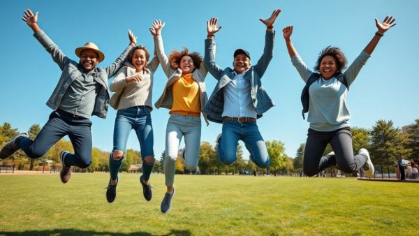 Increase Your Authentic Joy with friends jumping together in a park.