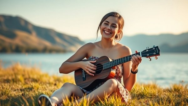 Cheerful woman with a ukulele, highlighting the power of smiles.
