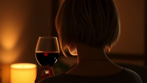 Person holding wine in dim lighting reflecting on alcohol and anxiety.