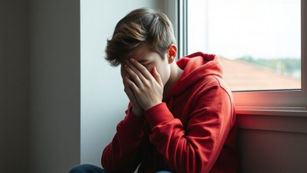 Teen depression and school avoidance: teenager sitting upset by window.