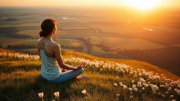Serene morning meditation on a grassy hill with sunrise.