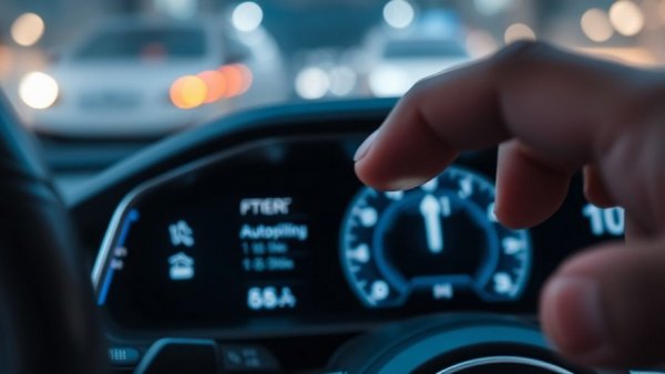 Close-up of a finger approaching a glowing autopilot button, modern car dashboard.
