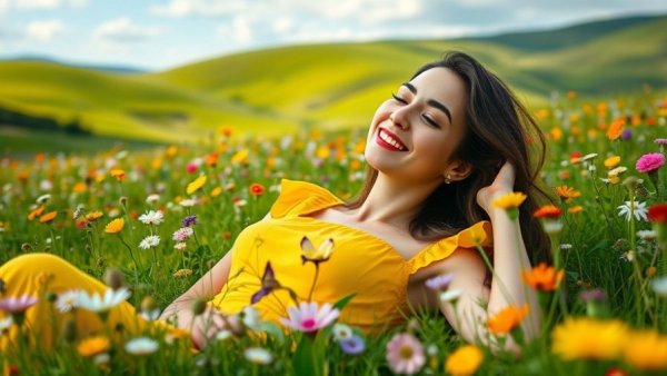 Woman in meadow smiling with mental health calmness