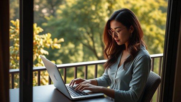 Digital Nomad Lifestyle: Woman working on laptop amidst nature