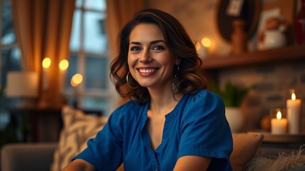 Woman discusses The Three Principles in cozy room with candles.