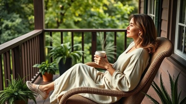 Peaceful woman relaxing on patio chair, embracing tranquility.