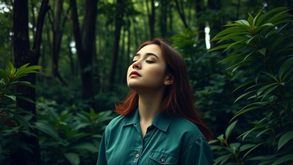 Serene woman practicing mindfulness meditation tips in lush forest.