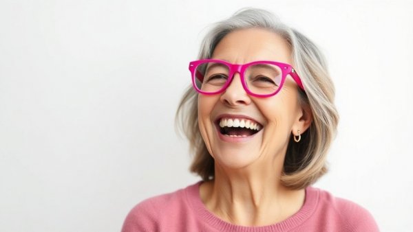 Cheerful woman in pink glasses expressing joy, showcasing personal growth through humor.