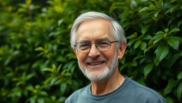 Elderly man smiling in front of greenery, Rethinking Death as Transformation