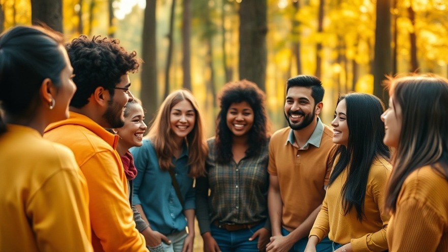 Group sharing coping strategies in a vibrant forest setting, fostering personal development.