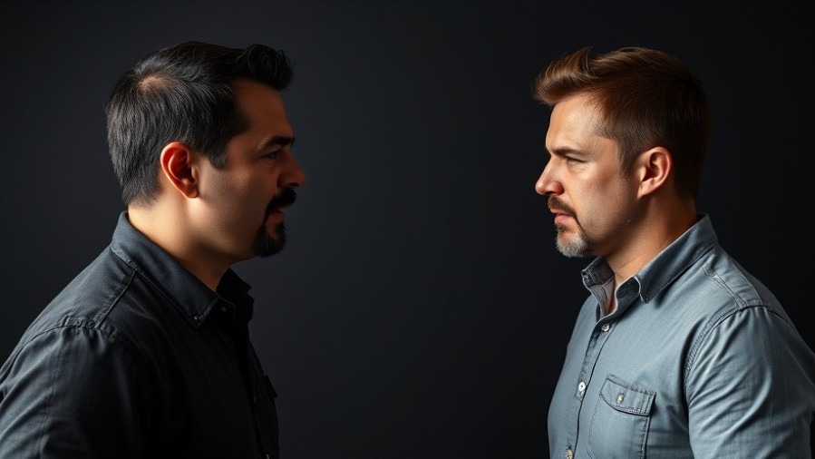 Two men in casual attire discussing Quantum Shifts against a dark minimalist background.