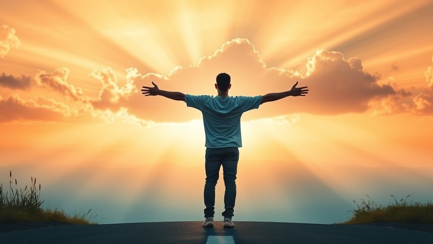 A person at a crossroad embracing personal growth and transformation towards a bright horizon.