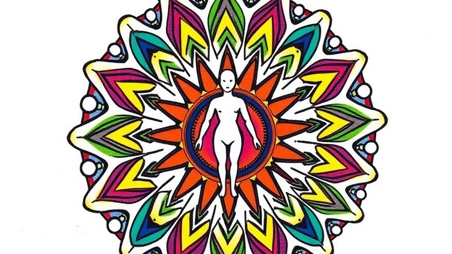 Colorful mandala with a human figure, symbolizing energy alignment and life purpose.