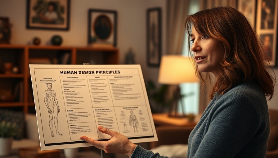 Woman explaining Human Design with chart, warm interior setting.
