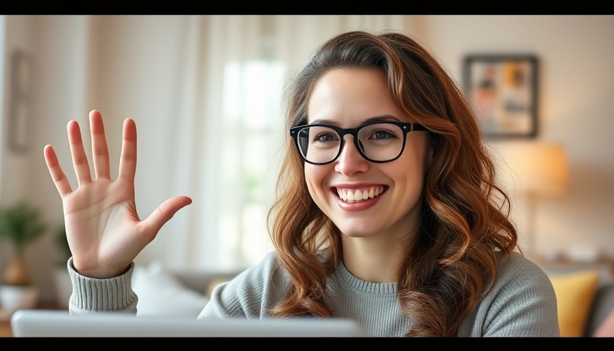The Three Principles, cheerful woman waving in virtual meeting.