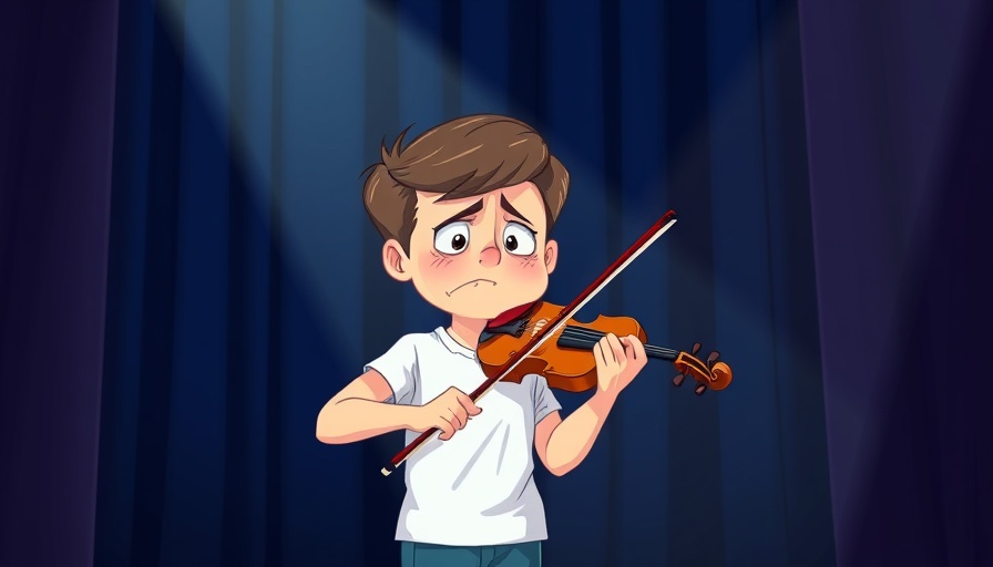 Nervous young violinist overcoming performance anxiety, cartoon style.