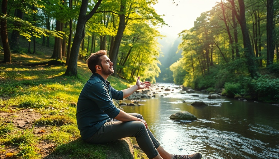 Man reflecting by a forest stream, representing letting go for personal growth.