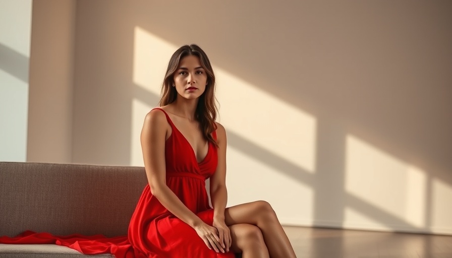 Understanding Human Design: Calm woman in red dress in minimalist room.