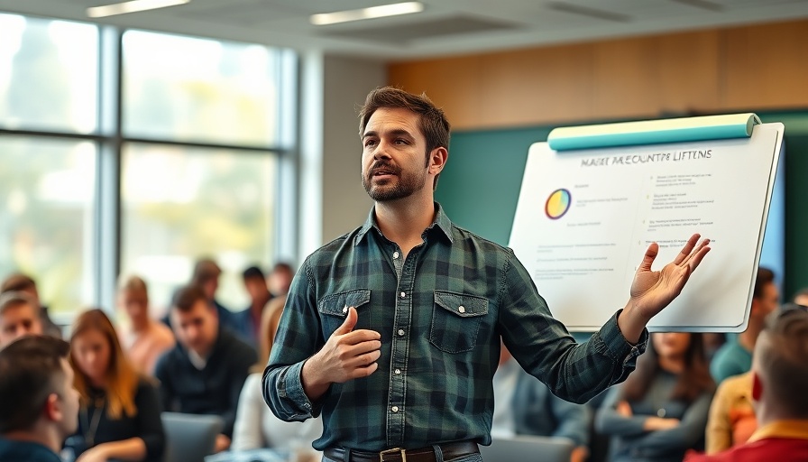 Man presenting in seminar with flip chart, Quantum Shifts.