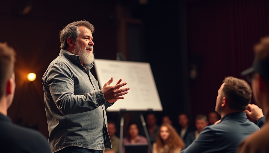 Man passionately speaking on stage with flipchart, being authentic is attractive.