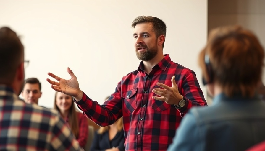 Casual presentation scene, man addressing audience about attracting the wrong partners.