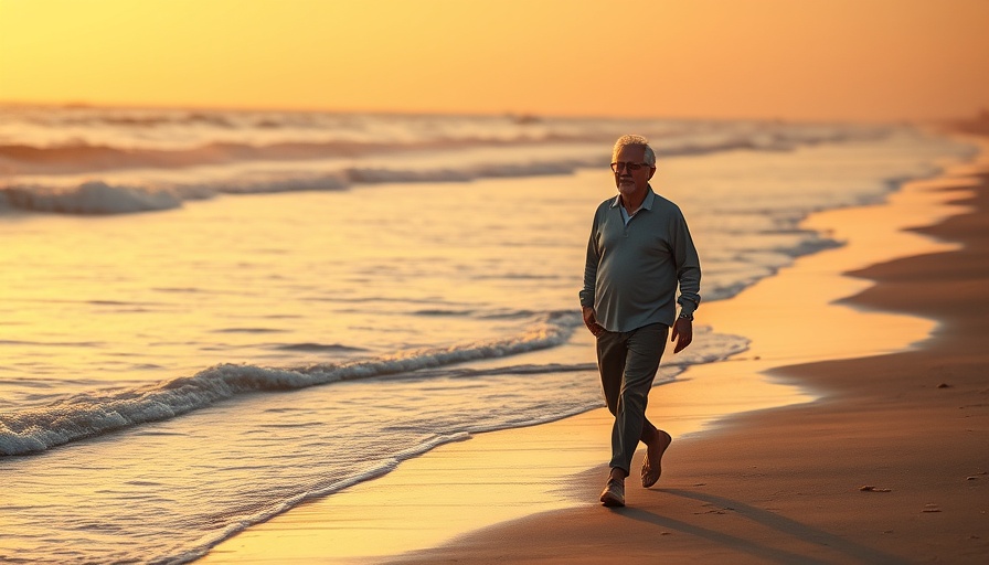 Older man walking meditatively along a tranquil beach at sunrise.