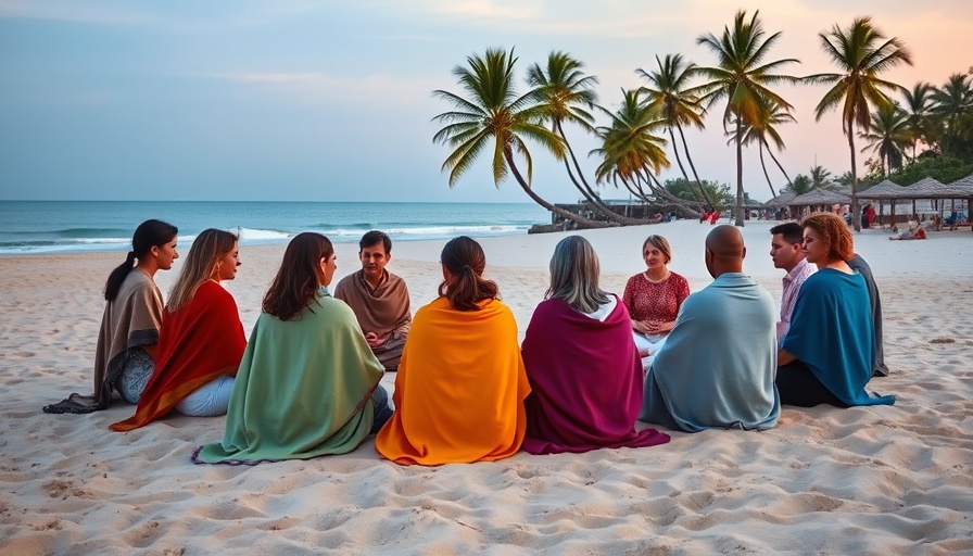 Diverse group meditating on beach, representing a career in yoga.