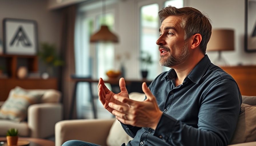 Man speaking expressively in a cozy living room, energy frequency tuning