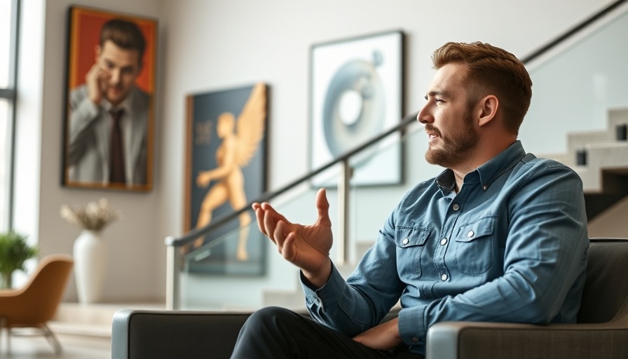Casual man discussing ideas in a modern home setting.