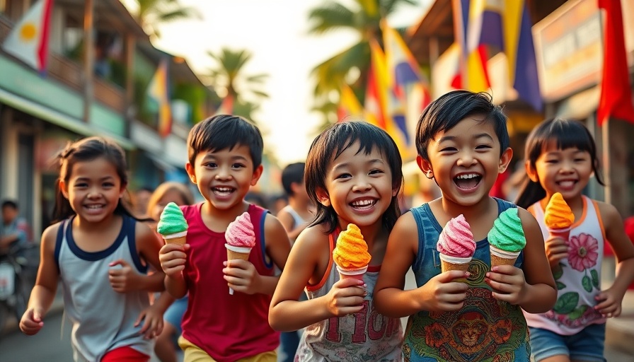 Joyful children running with ice creams in a festive Philippine village.