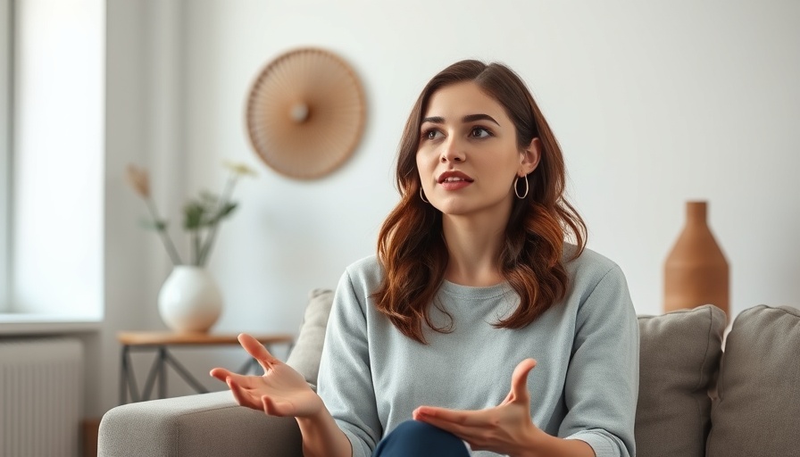 Casual woman explaining Human Design, minimalistic setting.
