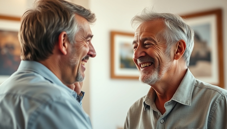 Warmly smiling man discussing principles of consciousness in an indoor setting.
