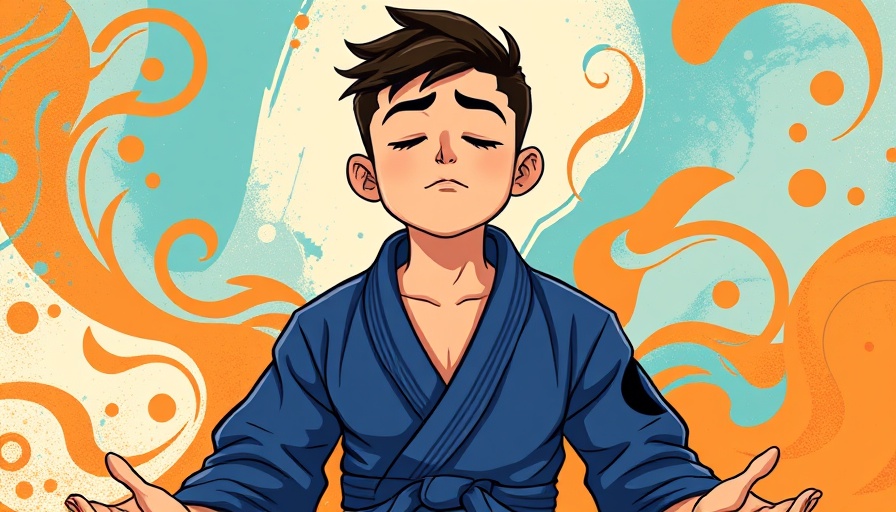 Focused young individual in a Jiu-Jitsu gi meditating, abstract backdrop.