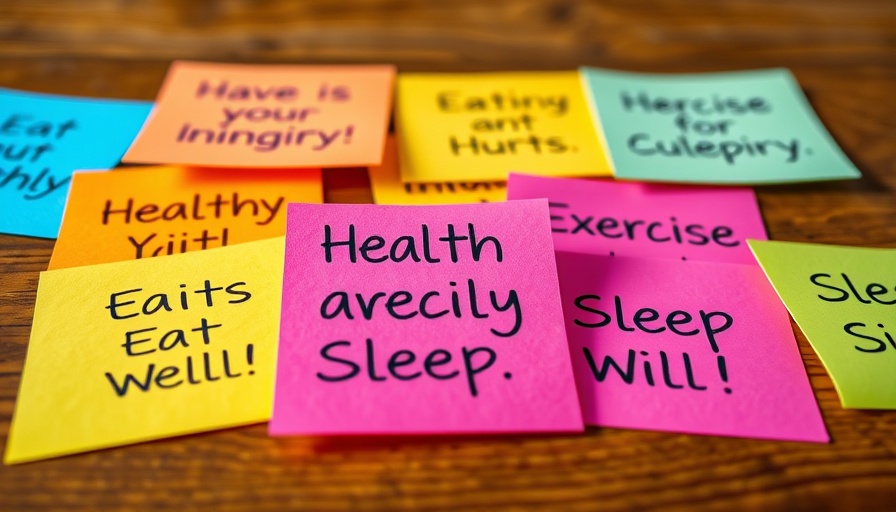 Colorful sticky notes with Healthier Lifestyle Tips next to a cup of tea.
