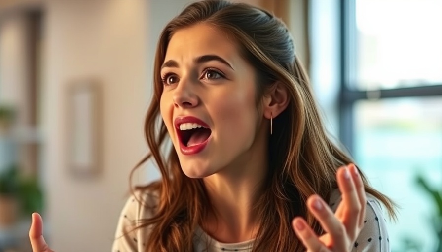 Confident young woman speaking indoors, demonstrating expressiveness.
