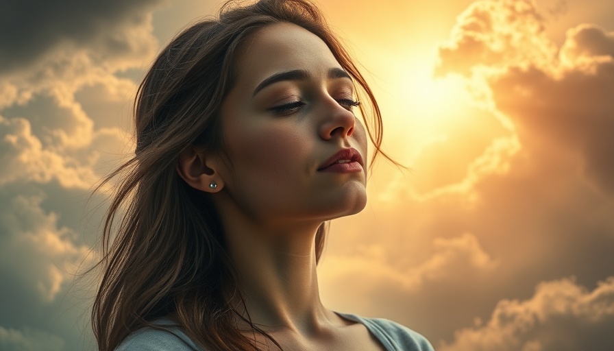 Serene woman meditating amidst swirling clouds, representing mindfulness for chronic illness.
