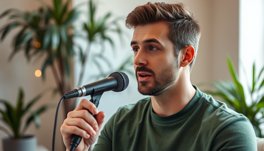 Casual man discussing frequency tuning indoors, microphone in hand.