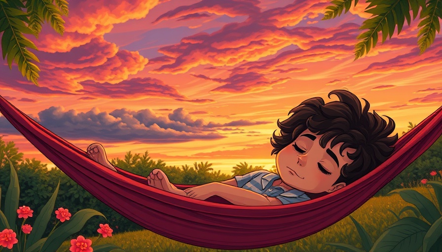 Young person in hammock during vibrant sunset, conveying serenity.