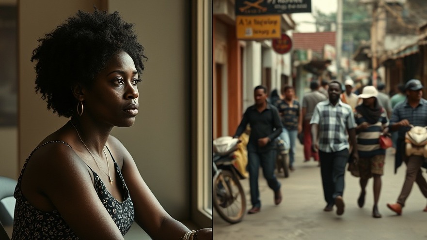 A serene black woman embodying self-improvement amidst a bustling, noisy street scene representing life transformation.