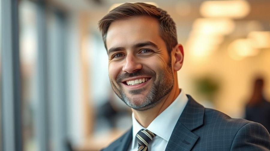 Businessman in a suit smiling confidently, related to Investment in Downtown Los Angeles.