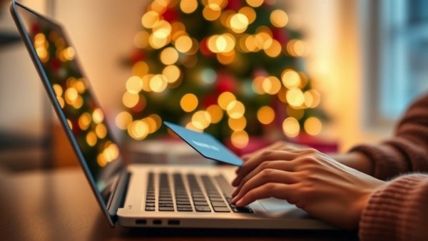 Hands shopping online with credit card, avoid holiday scams, Christmas lights.