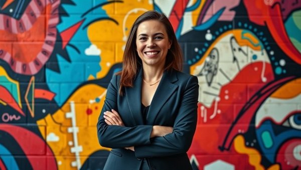 Businesswoman standing against vibrant mural, showcasing Yaela Shamberg's Collaborative Synergy.