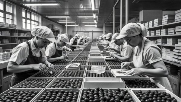 Vintage image of workers crafting See's Candies in a factory.