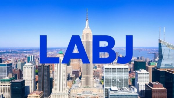 Stylized LABJ logo over city skyline with skyscrapers.
