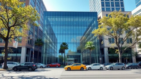 Modern glass office building under clear blue sky in urban setting.