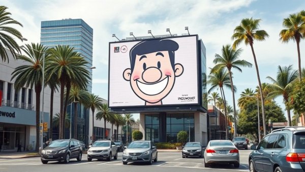 Inglewood advertising billboard on urban street with cars and palms.