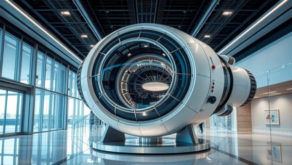 Futuristic space capsule in an office lobby symbolizes space tourism.