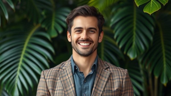 Smiling man in checkered blazer with leafy background.