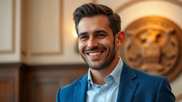 Warm smiling individual in a blue suit indoors.